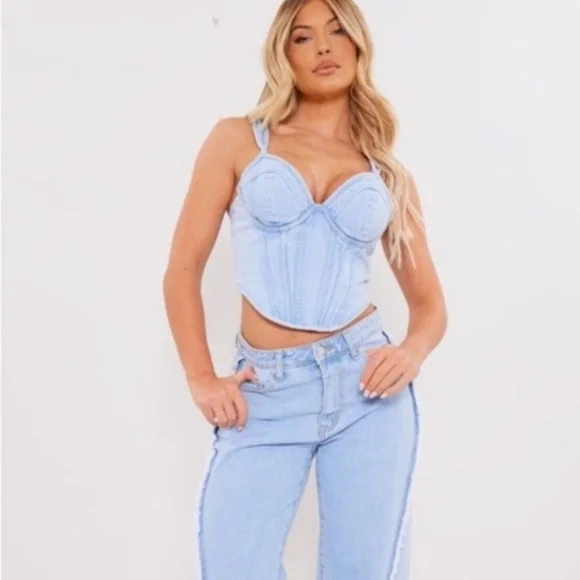 NWT PLT Light Blue Wash Dip Hem Bust Cup Underwire Denim Corset Top y2k - Picture 2 of 10
